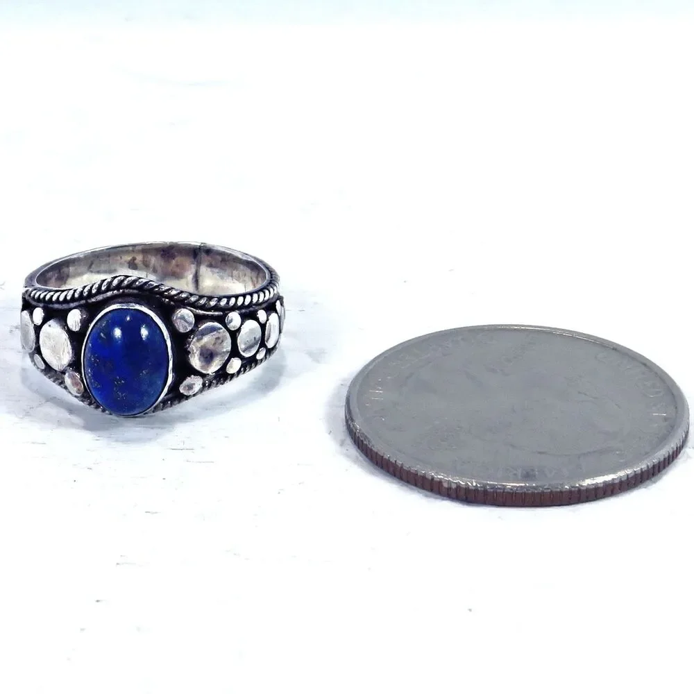 Vintage Sterling Silver Ring Women Sz 6 w/ Oval Blue Moonstone, Textured Band